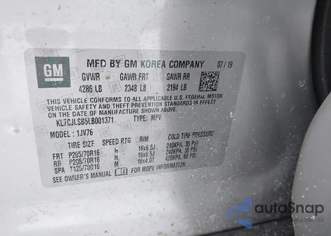 2020 Chevrolet Trax Fwd Lt z USA, uszkodzony, nr VIN KL7CJLSB5LB001371